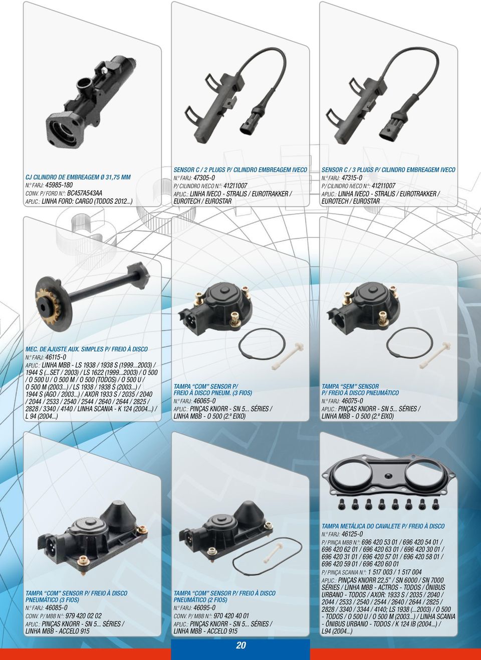 (3 fios) Tampa Sem Sensor P/ Freio à Disco Pneumático Linha MBB - O 500 (2.º eixo) Linha MBB - O 500 (2.º eixo) N.º Farj: 47305-0 P/ Cilindro Iveco n.º: 41211007 Aplic.