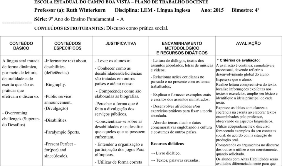 CONTEÚDO BÁSICO CONTEÚDOS ESPECÍFICOS JUSTIFICATIVA ENCAMINHAMENTO METODOLÓGICO E RECURSOS DIDÁTICOS AVALIAÇÃO A língua será tratada de forma dinâmica, por meio de leitura, de oralidade e de escrita