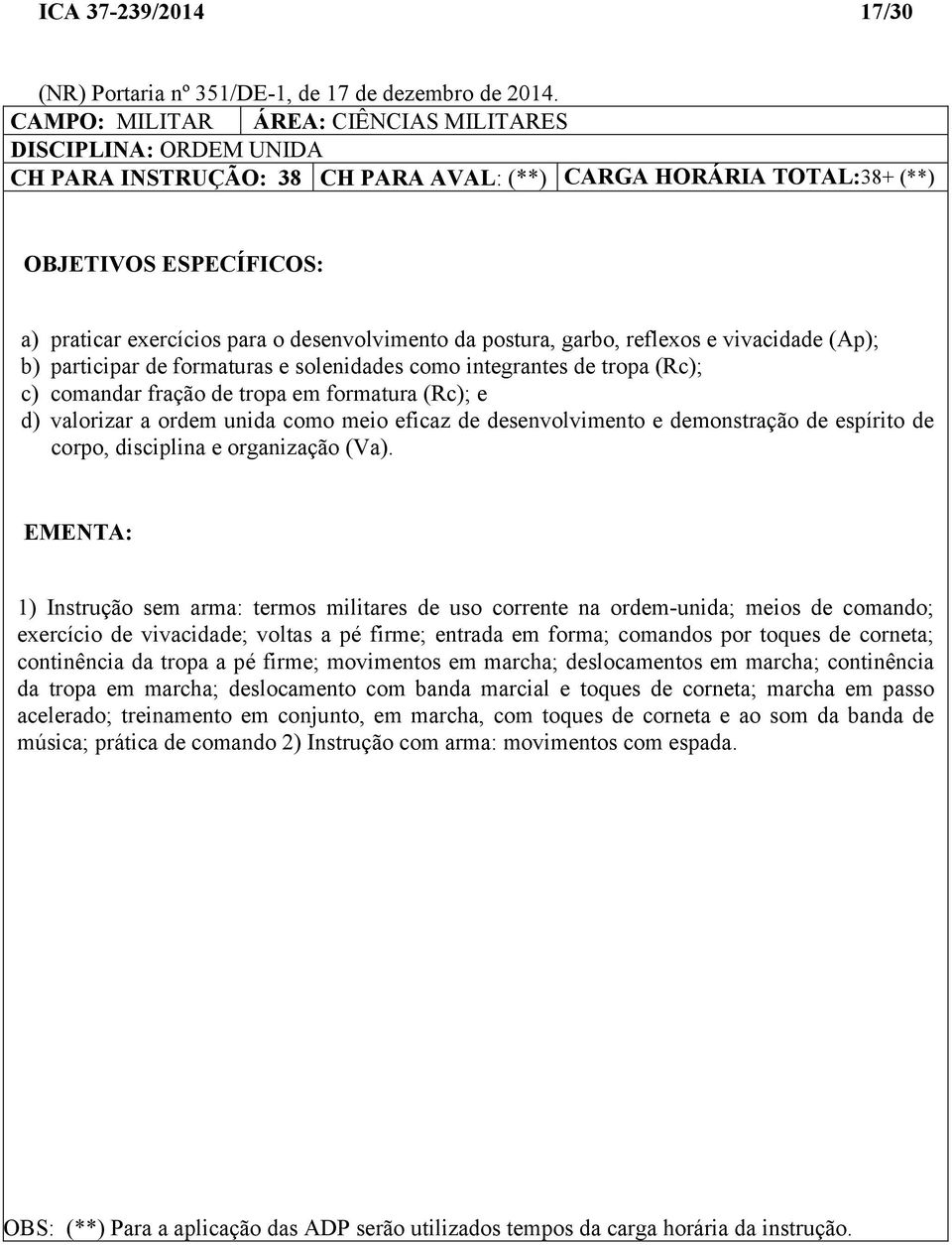 desenvolvimento da postura, garbo, reflexos e vivacidade (Ap); b) participar de formaturas e solenidades como integrantes de tropa (Rc); c) comandar fração de tropa em formatura (Rc); e d) valorizar