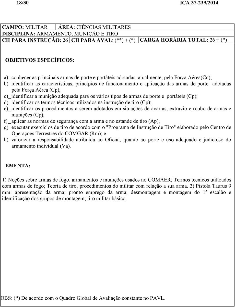 adotadas pela Força Aérea (Cp); c) _ identificar a munição adequada para os vários tipos de armas de porte e portáteis (Cp); d) identificar os termos técnicos utilizados na instrução de tiro (Cp); e)