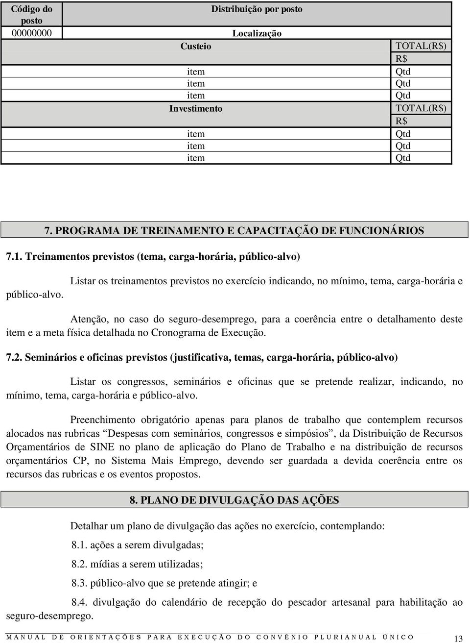 Listar os treinamentos previstos no exercício indicando, no mínimo, tema, carga-horária e Atenção, no caso do seguro-desemprego, para a coerência entre o detalhamento deste item e a meta física