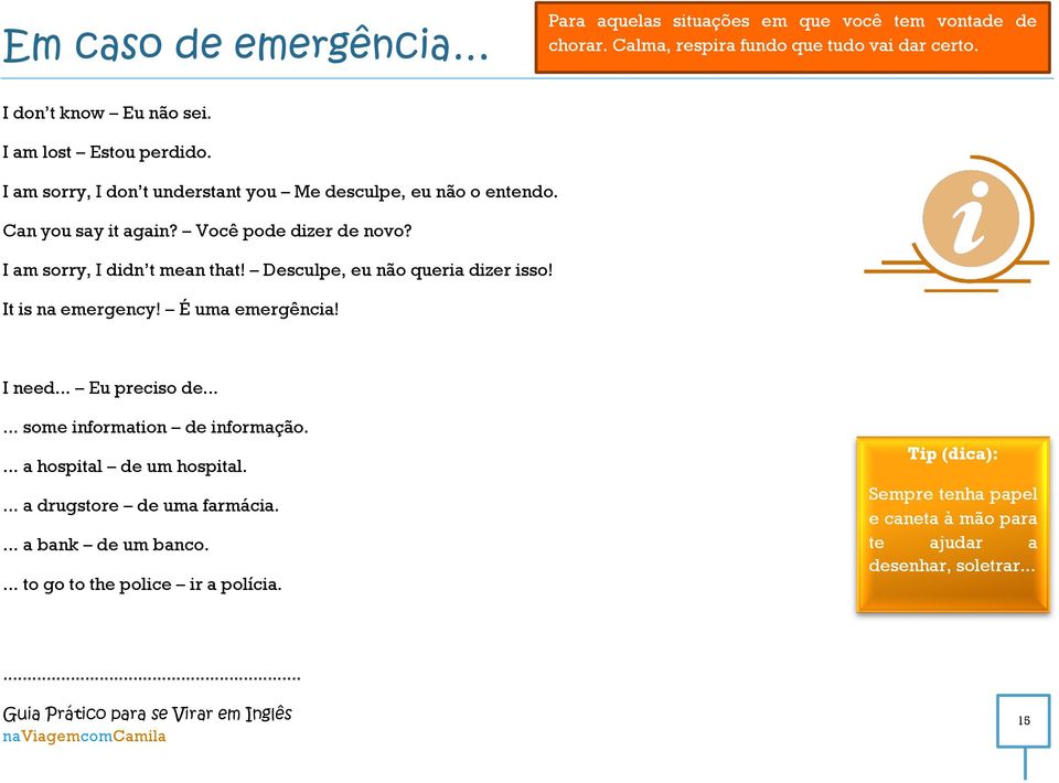 I am sorry, I didn t mean that! Desculpe, eu não queria dizer isso! It is na emergency! É uma emergência! I need... Eu preciso de...... some information de informação.