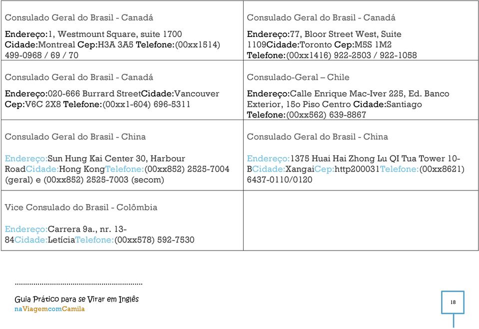 (geral) e (00xx852) 2525-7003 (secom) Consulado Geral do Brasil - Canadá Endereço:77, Bloor Street West, Suite 1109Cidade:Toronto Cep:M5S 1M2 Telefone:(00xx1416) 922-2503 / 922-1058 Consulado-Geral