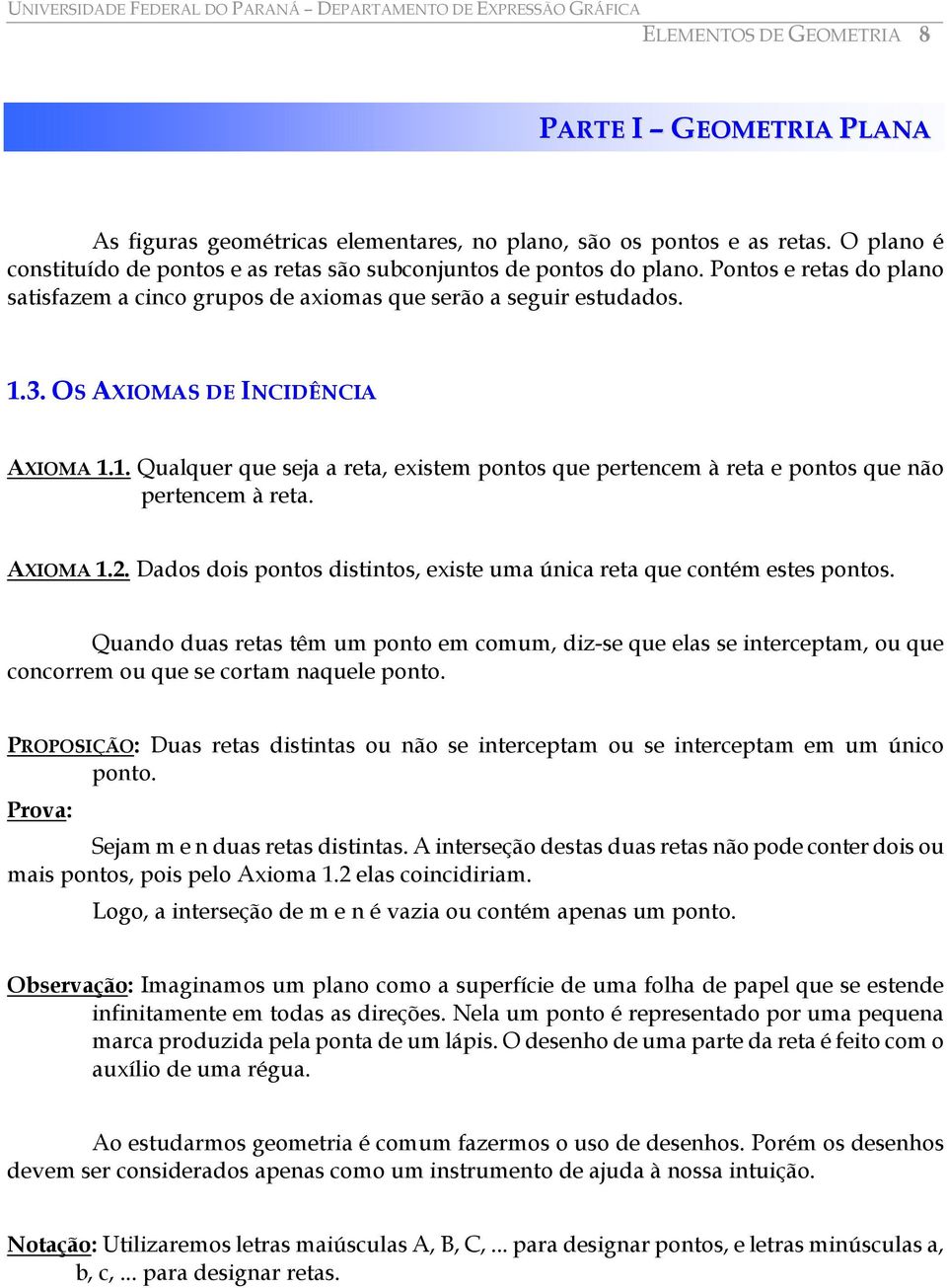 AXIOMA 1.. Dados dois pontos distintos, existe uma única reta que contém estes pontos.