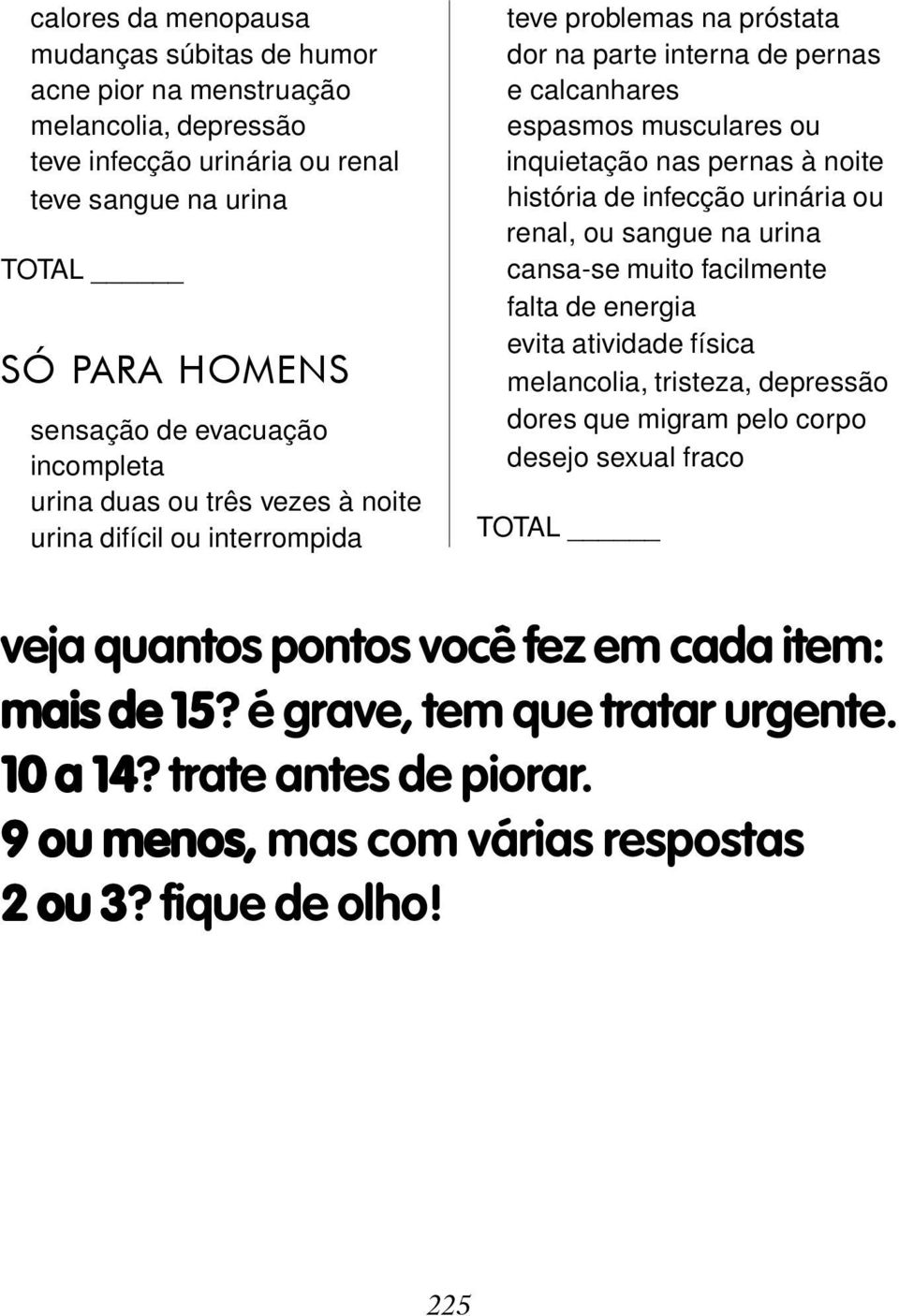 à noite história de infecção urinária ou renal, ou sangue na urina cansa-se muito facilmente falta de energia evita atividade física melancolia, tristeza, depressão dores que migram pelo corpo