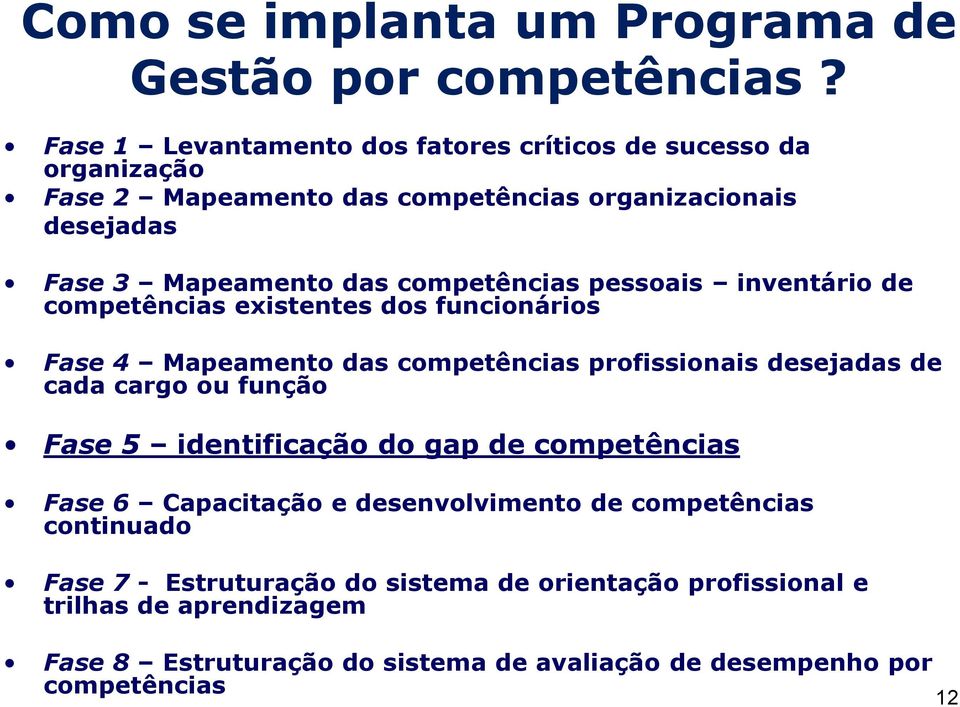 das pessoais inventário de existentes dos funcionários Fase 4 Mapeamento das profissionais desejadas de cada cargo ou função Fase 5