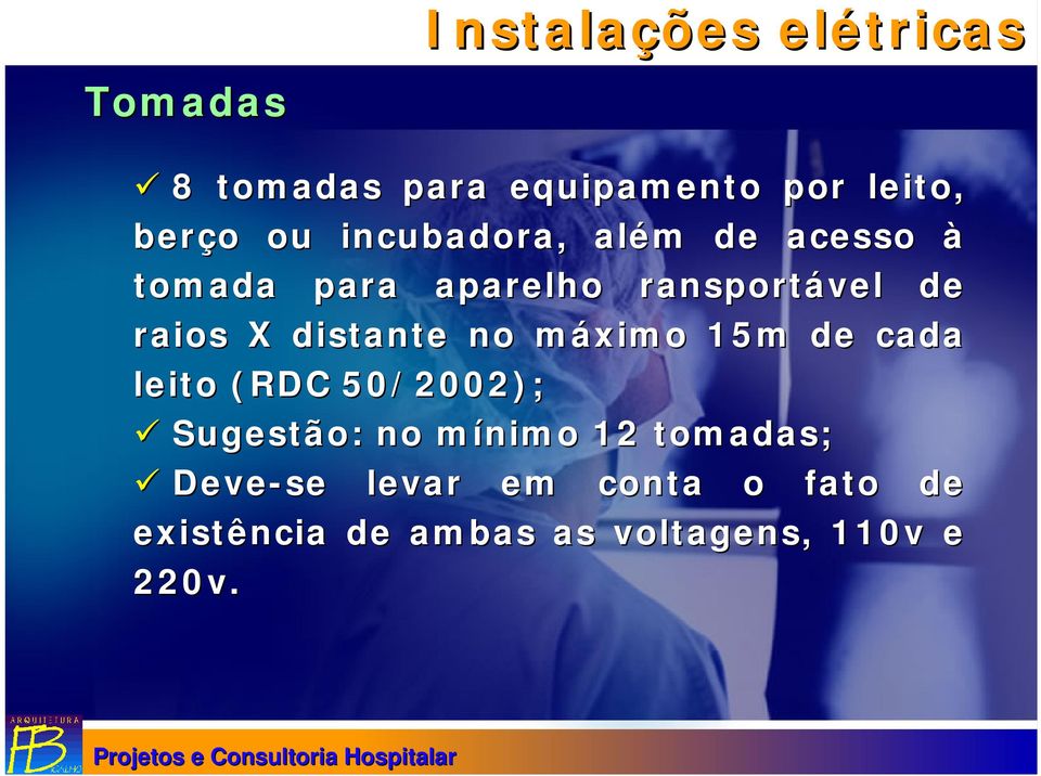 distante no máximo m 15m de cada leito (RDC 50/2002); Sugestão: no mínimo m 12