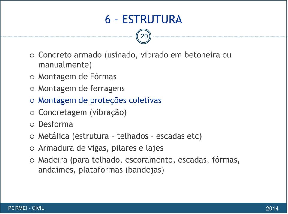 (vibração) Desforma Metálica (estrutura telhados escadas etc) Armadura de vigas,