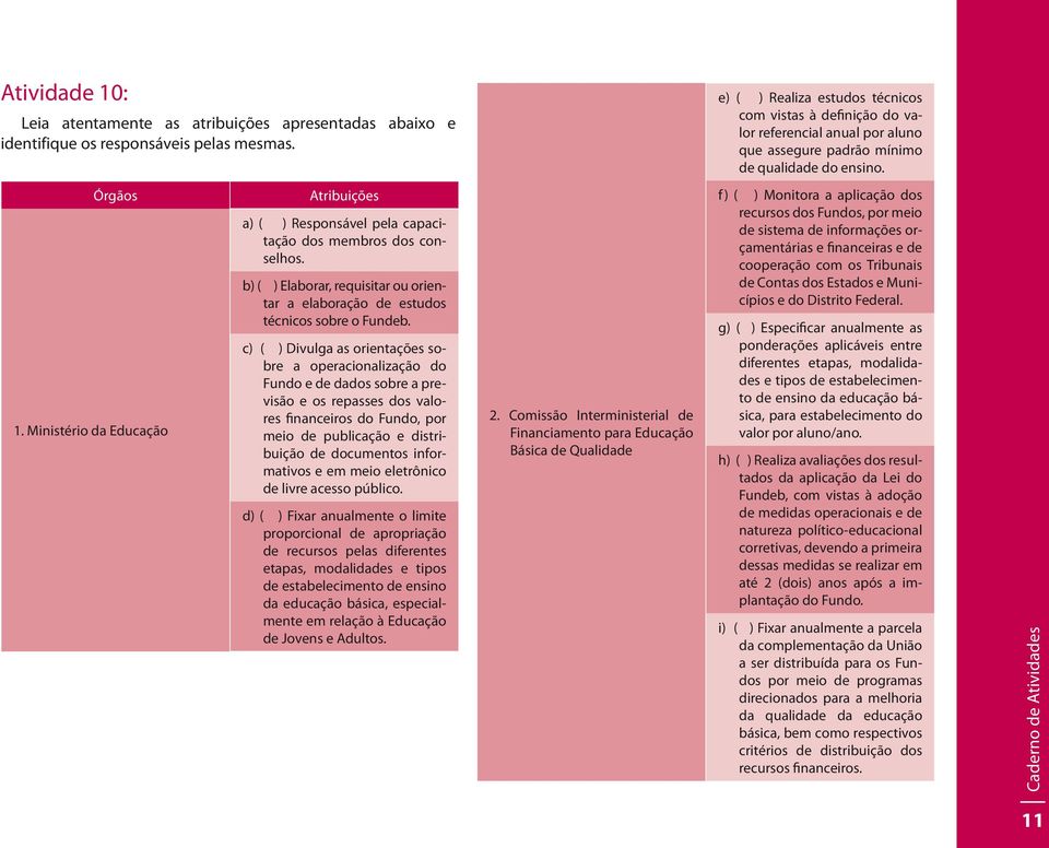 Ministério da Educação Atribuições a) ( ) Responsável pela capacitação dos membros dos conselhos. b) ( ) Elaborar, requisitar ou orientar a elaboração de estudos técnicos sobre o Fundeb.