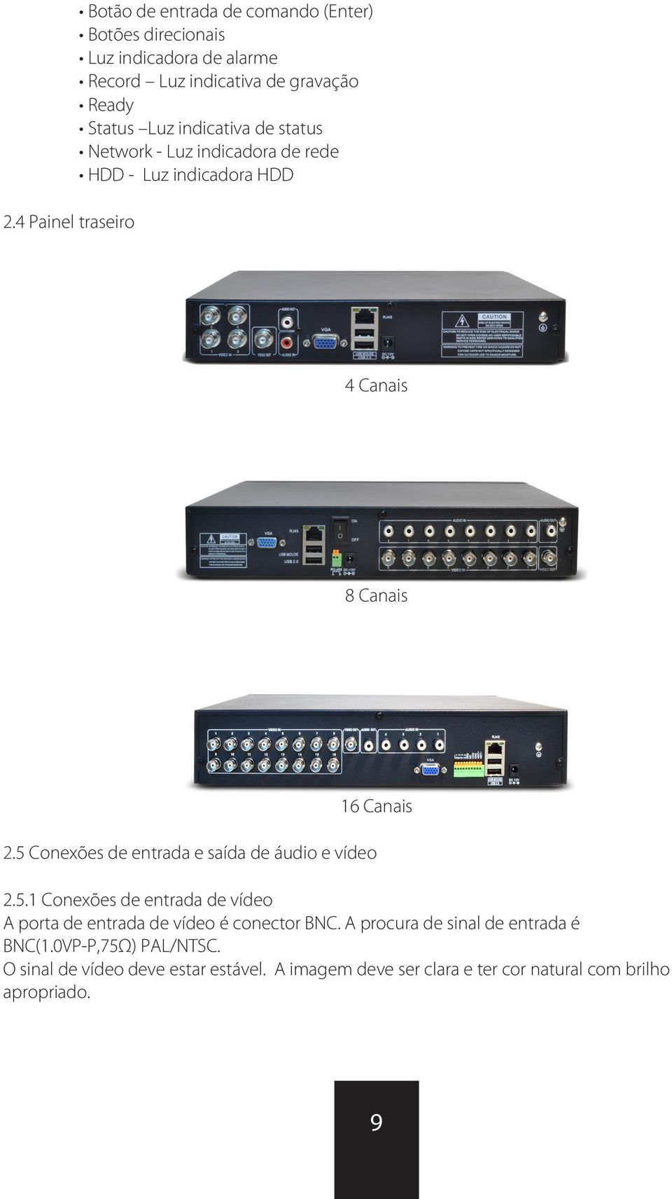 5 Conexões de entrada e saída de áudio e vídeo 2.5.1 Conexões de entrada de vídeo A porta de entrada de vídeo é conector BNC.