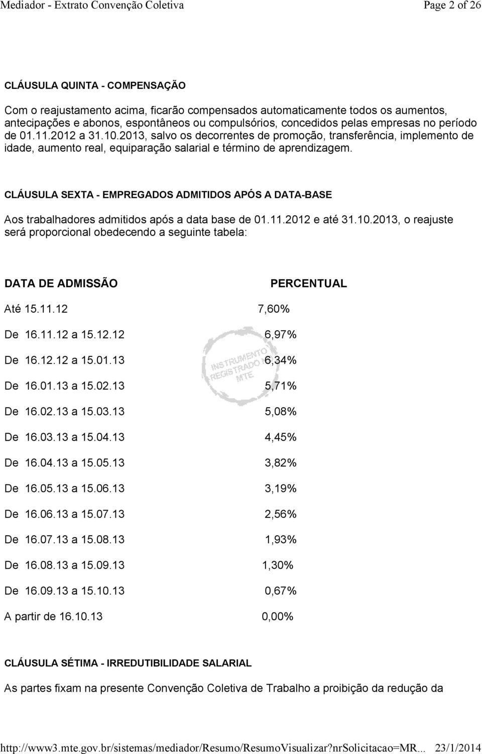 CLÁUSULA SEXTA - EMPREGADOS ADMITIDOS APÓS A DATA-BASE Aos trabalhadores admitidos após a data base de 01.11.2012 e até 31.10.