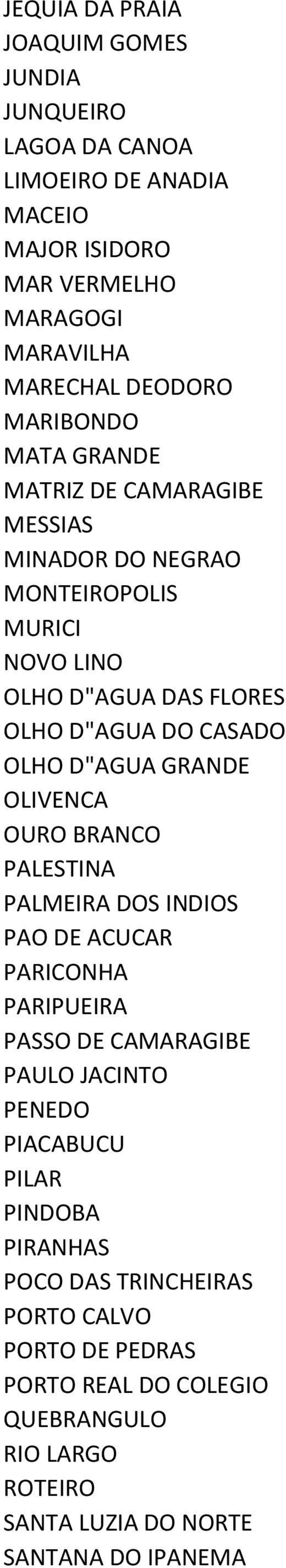 D"AGUA GRANDE OLIVENCA OURO BRANCO PALESTINA PALMEIRA DOS INDIOS PAO DE ACUCAR PARICONHA PARIPUEIRA PASSO DE CAMARAGIBE PAULO JACINTO PENEDO PIACABUCU