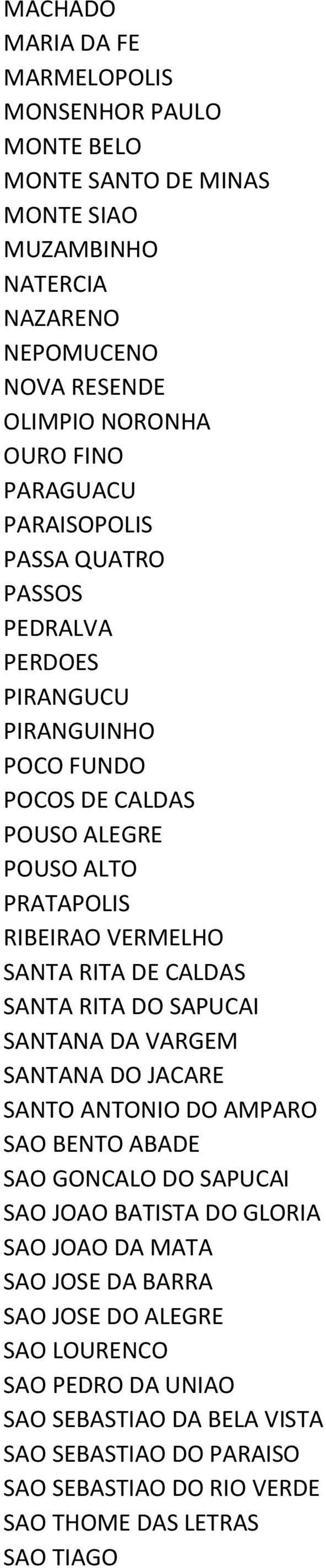 DE CALDAS SANTA RITA DO SAPUCAI SANTANA DA VARGEM SANTANA DO JACARE SANTO ANTONIO DO AMPARO SAO BENTO ABADE SAO GONCALO DO SAPUCAI SAO JOAO BATISTA DO GLORIA SAO JOAO DA MATA