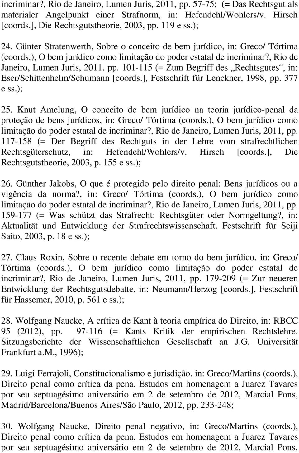 , Rio de Janeiro, Lumen Juris, 2011, pp. 101-115 (= Zum Begriff des Rechtsgutes, in: Eser/Schittenhelm/Schumann [coords.], Festschrift für Lenckner, 1998, pp. 377 e ss.); 25.