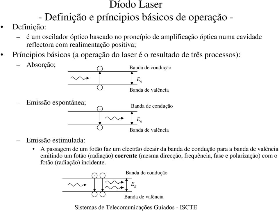 espontânea; Banda de condução E g Banda de valência Emissão estimulada: A passagem de um fotão faz um electrão decair da banda de condução para a banda de