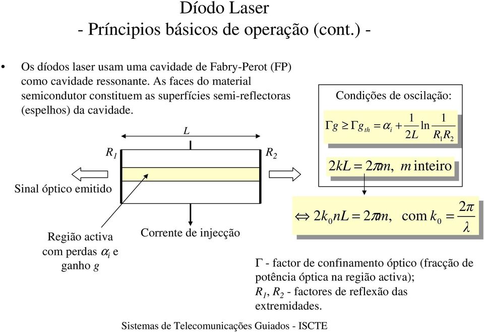 L R 1 R Condições de oscilação: Γg Γg th αi + 1 1 ln L R R kl πm, m inteiro 1 Sinal óptico emitido Região activa com perdas α i e