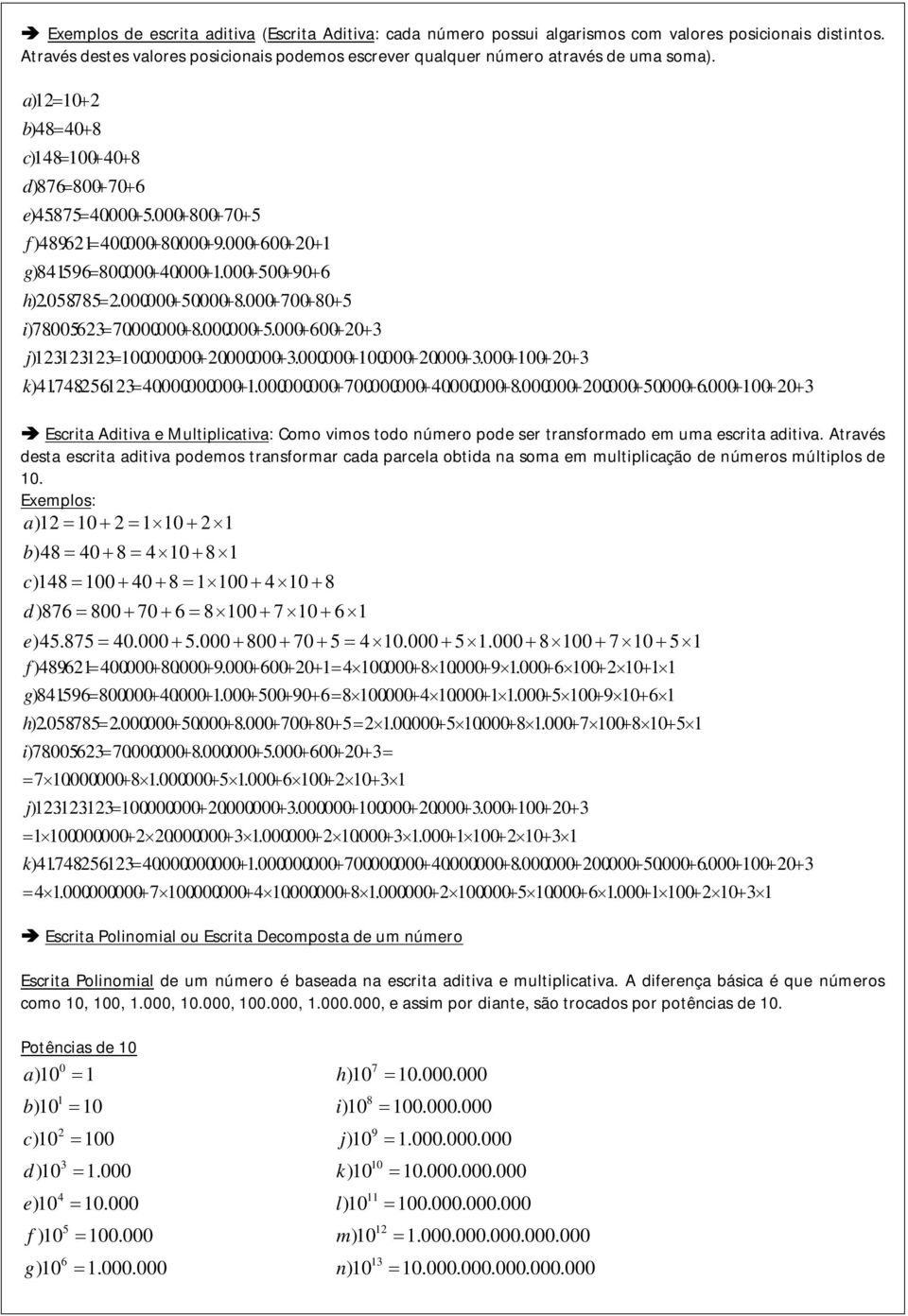 Através desta escrita aditiva podemos transformar cada parcela obtida na soma em multiplicação de números múltiplos de. Exemplos: a b c d6 6 6 e..... f 9.6.. 9. 6.. 9. 6 g.96... 96... 9 6 h.......... i.