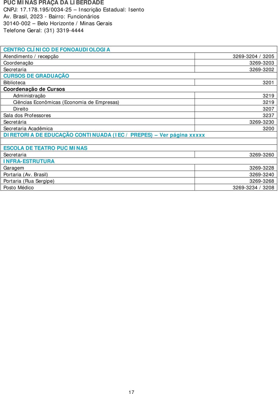 Coordenação 3269-3203 Secretaria 3269-3202 CURSOS DE GRADUAÇÃO Biblioteca 3201 Coordenação de Cursos Administração 3219 Ciências Econômicas (Economia de Empresas) 3219 Direito 3207 Sala dos