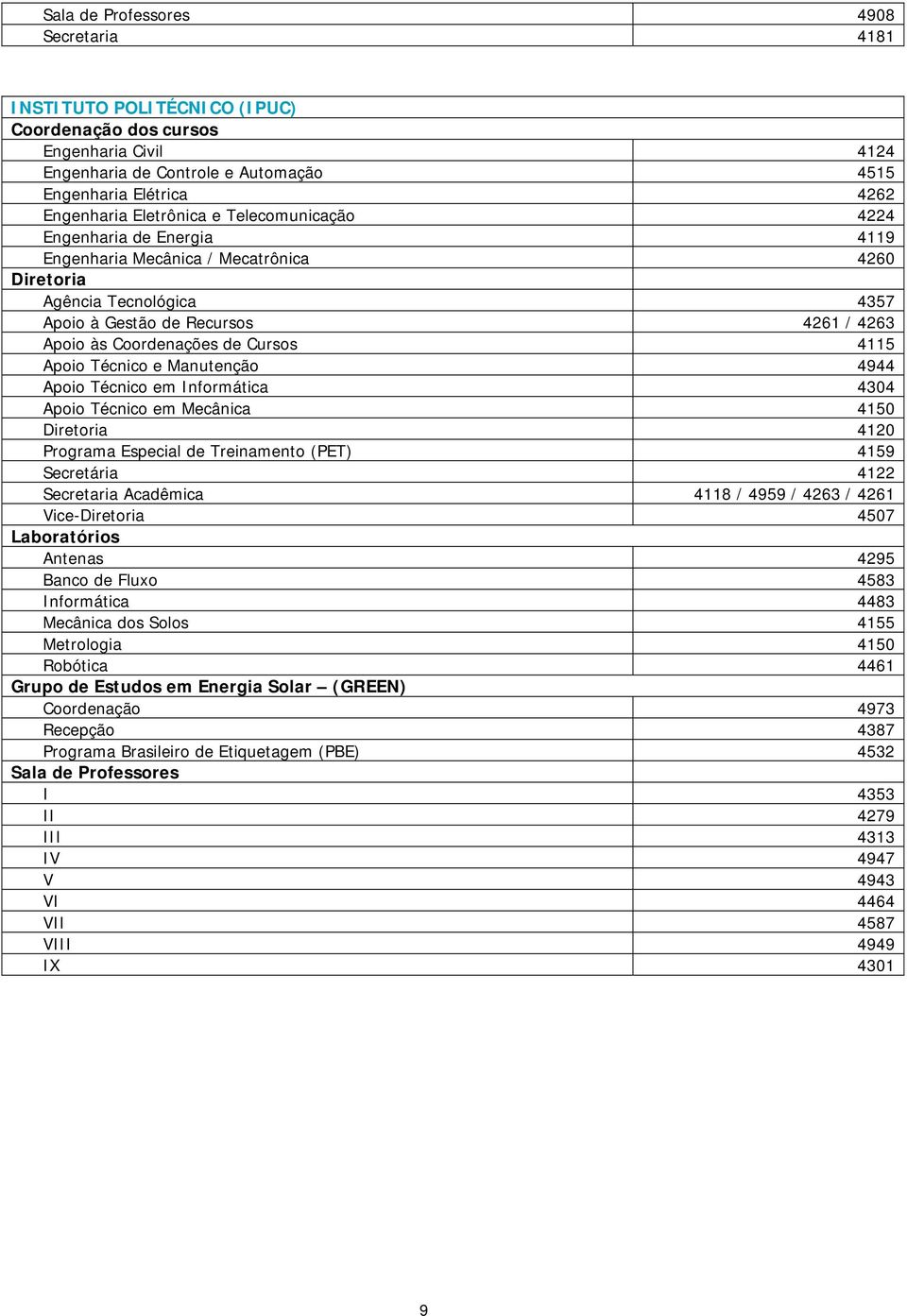 Cursos 4115 Apoio Técnico e Manutenção 4944 Apoio Técnico em Informática 4304 Apoio Técnico em Mecânica 4150 Diretoria 4120 Programa Especial de Treinamento (PET) 4159 Secretária 4122 Secretaria