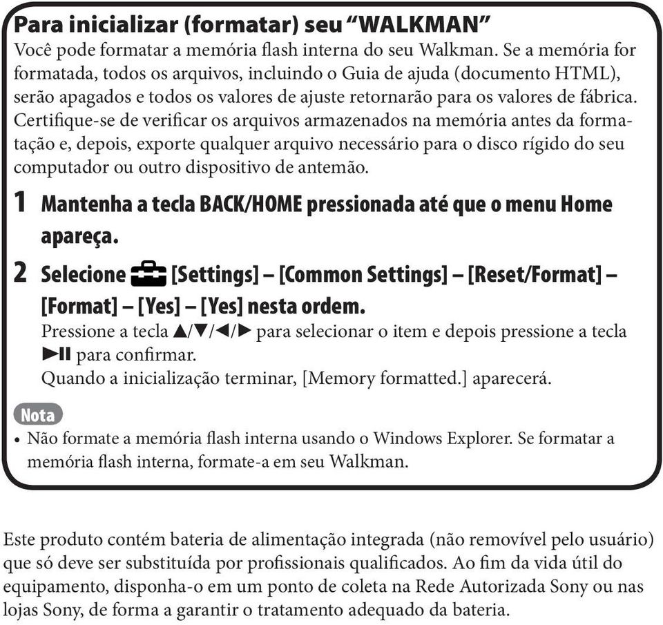 Certifique-se de verificar os arquivos armazenados na memória antes da formatação e, depois, exporte qualquer arquivo necessário para o disco rígido do seu computador ou outro dispositivo de antemão.