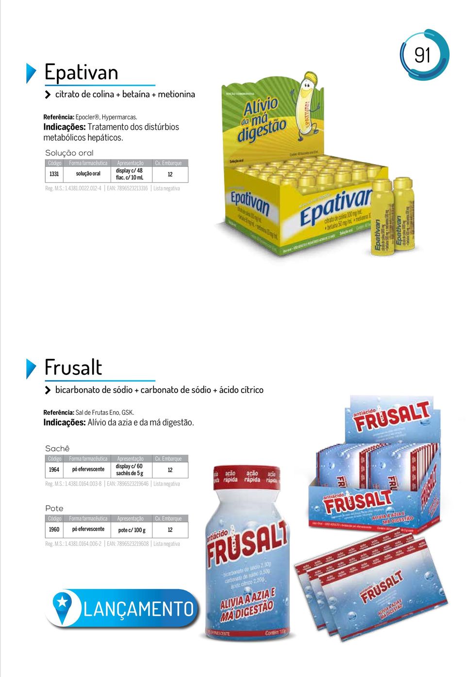 012-4 EAN: 7896523213316 Lista negativa Frusalt bicarbonato de sódio + carbonato de sódio + ácido cítrico Referência: Sal de Frutas Eno, GSK.