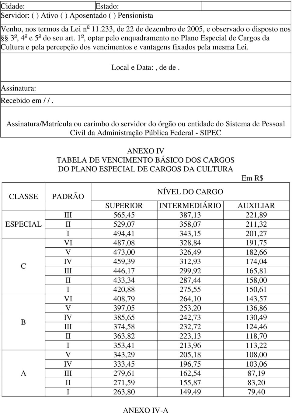 ssinatura/matrícula ou carimbo do servidor do órgão ou entidade do Sistema de Pessoal ivil da dministração Pública Federal - SIP LSS SPIL NXO IV TL VNIMNTO ÁSIO OS RGOS O PLNO SPIL RGOS ULTUR m R$