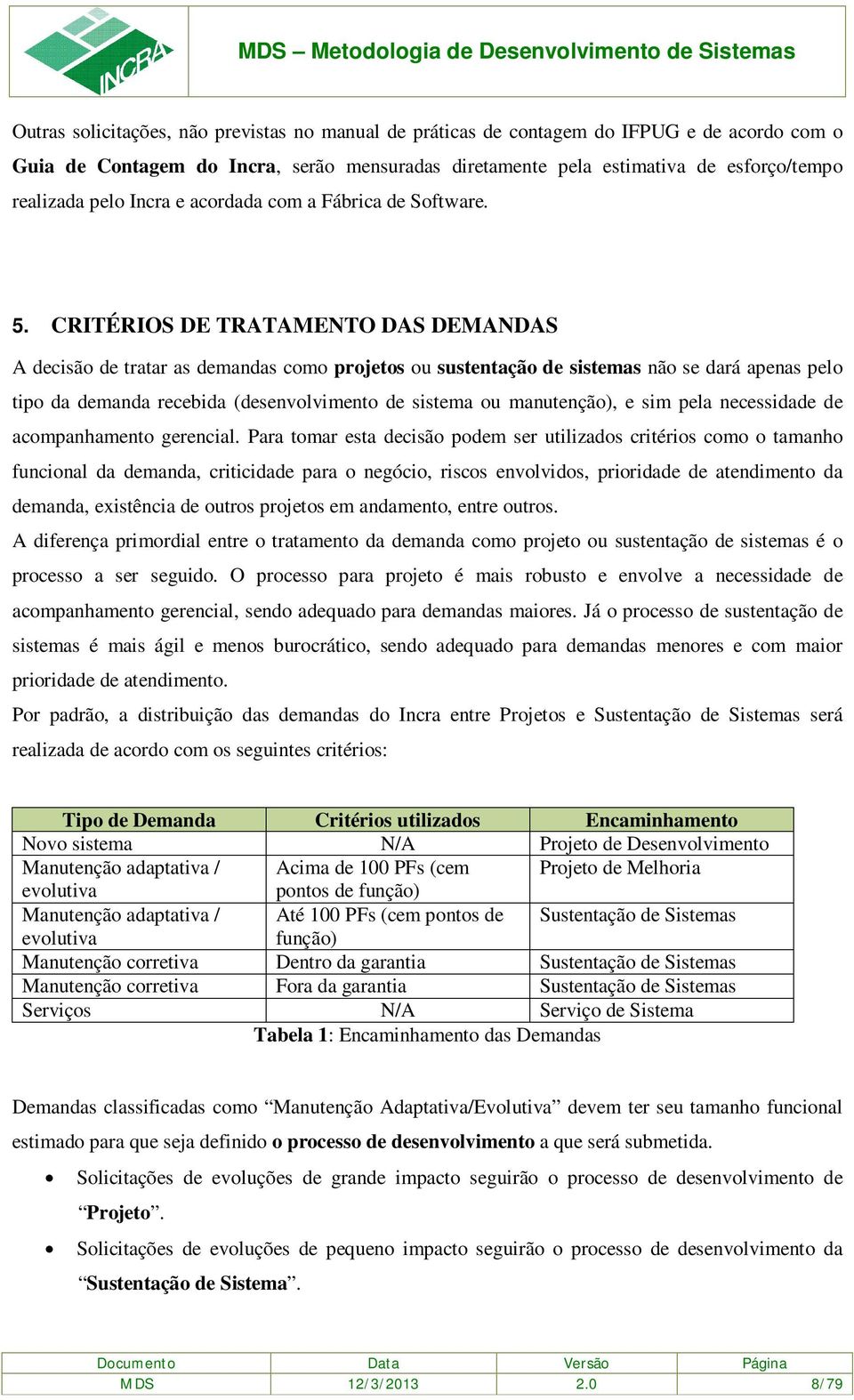 CRITÉRIOS DE TRATAMENTO DAS DEMANDAS A decisão de tratar as demandas como projetos ou sustentação de sistemas não se dará apenas pelo tipo da demanda recebida (desenvolvimento de sistema ou