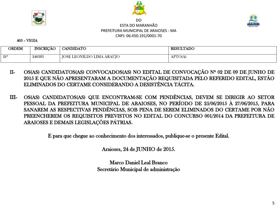 OS(AS) CANDIDATOS(AS) QUE ENCONTRAM-SE COM PENDÊNCIAS, DEVEM SE DIRIGIR AO SETOR PESSOAL DA PREFEITURA MUNICIPAL DE ARAIOSES, NO PERÍO DE 25/06/2015 À 27/06/2015, PARA SANAREM AS RESPECTIVAS