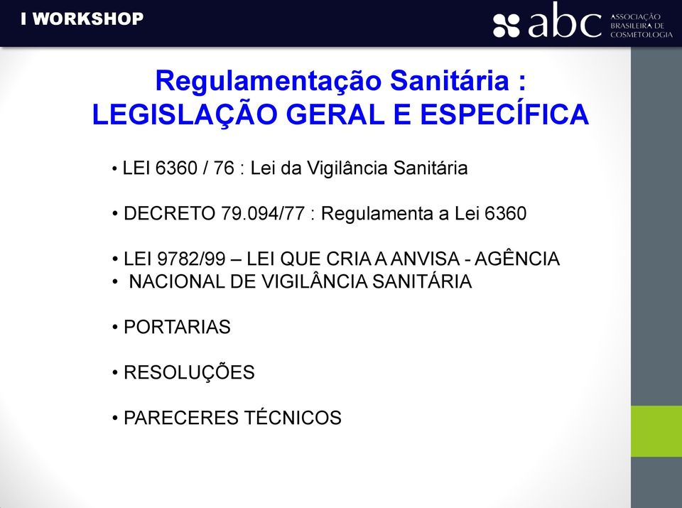 094/77 : Regulamenta a Lei 6360 LEI 9782/99 LEI QUE CRIA A