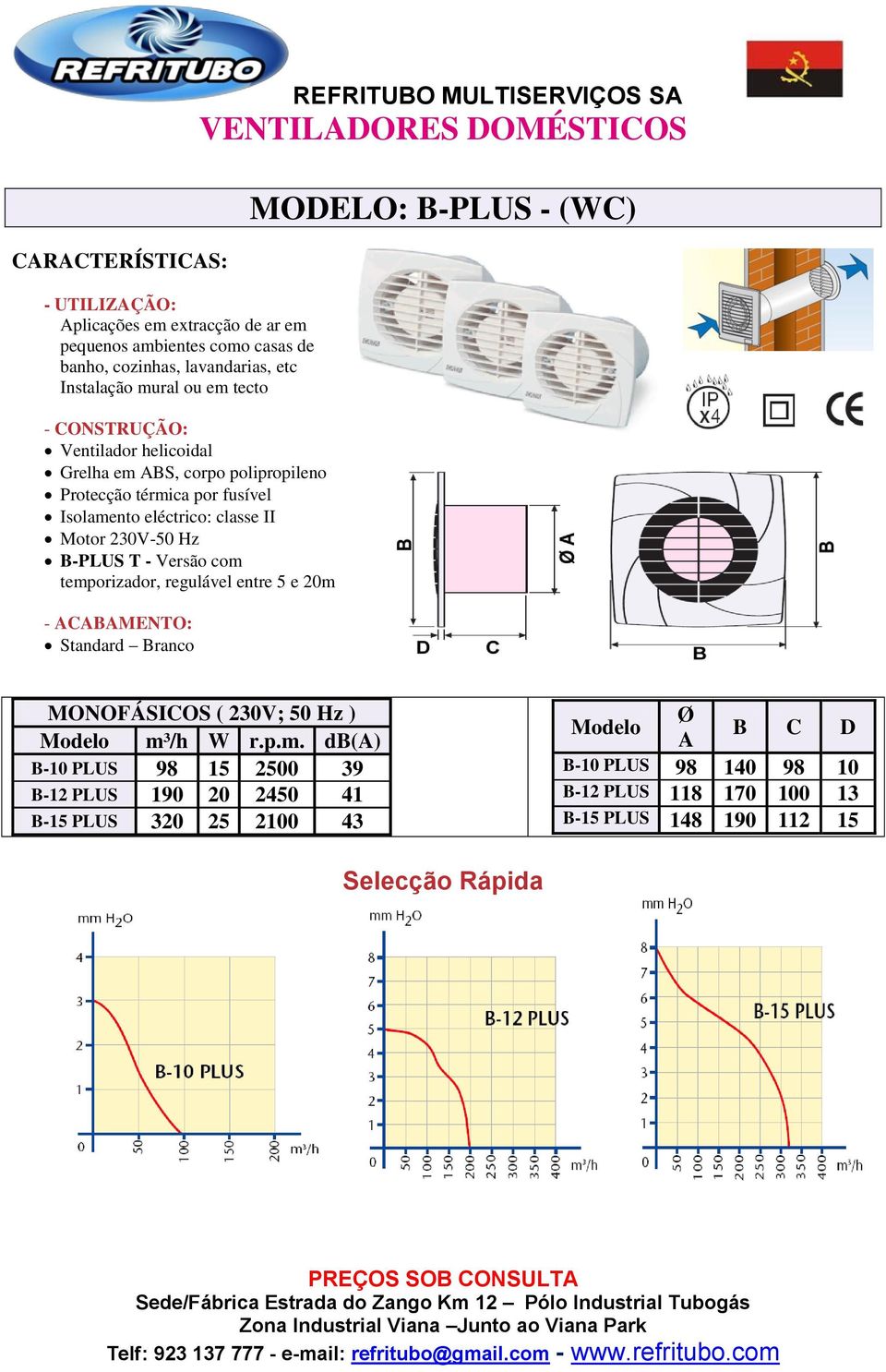 20m Standard Branco REFRITUBO MULTISERVIÇOS SA VENTILADORES DOMÉSTICOS MODELO: B-PLUS - (WC) MONOFÁSICOS ( 230V; 50 Hz ) Modelo m³/h W r.p.m. db(a) B-10 PLUS 98