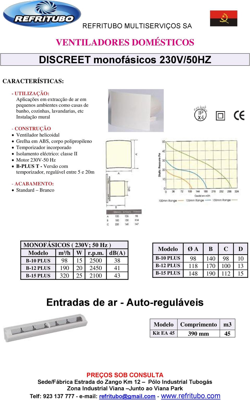 temporizador, regulável entre 5 e 20m Standard Branco MONOFÁSICOS ( 230V; 50 Hz ) Modelo m³/h W r.p.m. db(a) B-10 PLUS 98 15 2500 38 B-12 PLUS 190 20 2450 41 B-15 PLUS 320