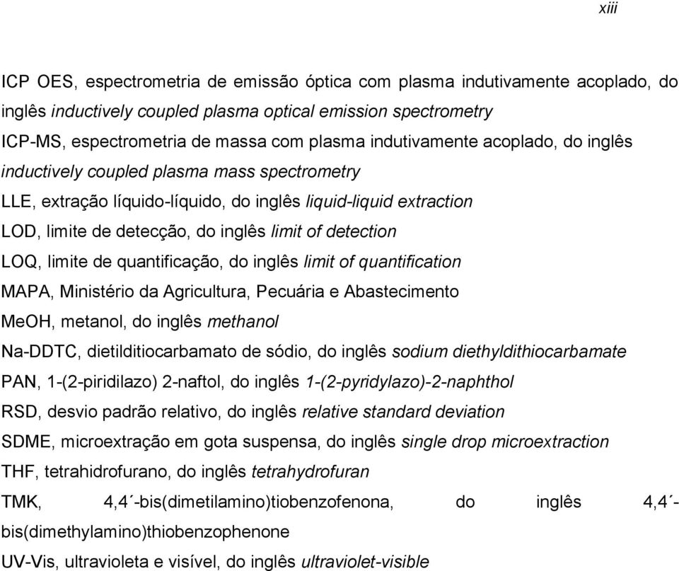 LOQ, limite de quantificação, do inglês limit of quantification MAPA, Ministério da Agricultura, Pecuária e Abastecimento MeOH, metanol, do inglês methanol Na-DDTC, dietilditiocarbamato de sódio, do