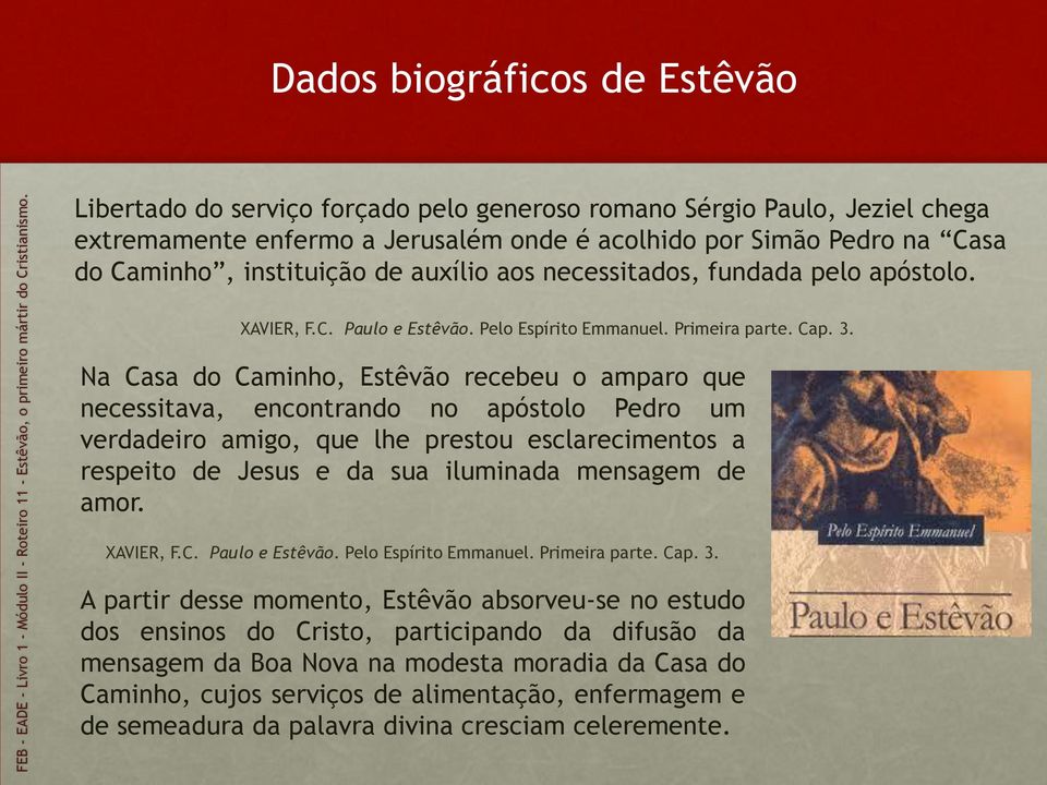 Na Casa do Caminho, Estêvão recebeu o amparo que necessitava, encontrando no apóstolo Pedro um verdadeiro amigo, que lhe prestou esclarecimentos a respeito de Jesus e da sua iluminada mensagem de