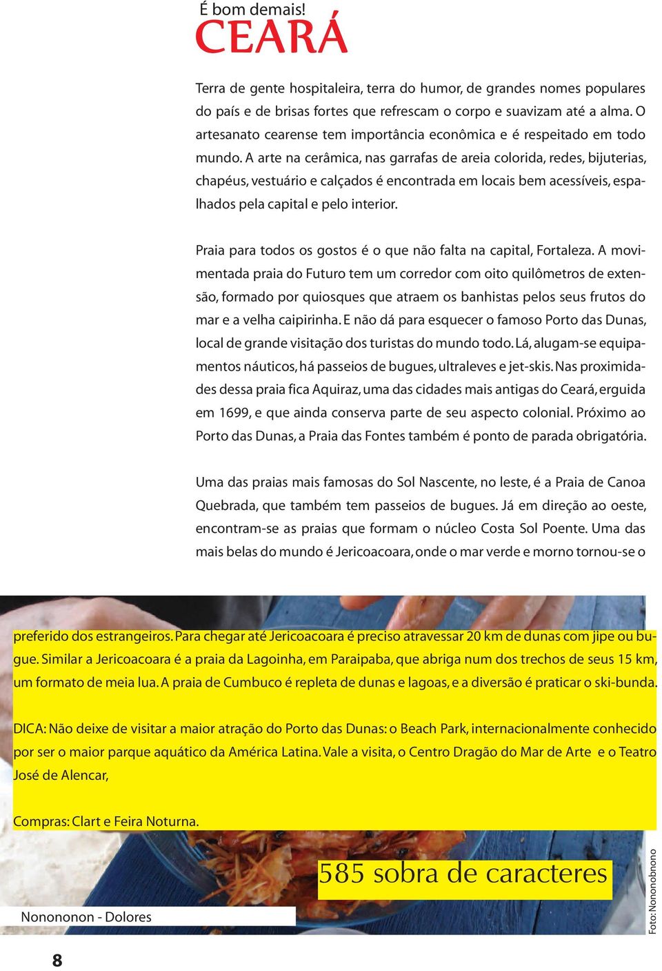 A arte na cerâmica, nas garrafas de areia colorida, redes, bijuterias, chapéus, vestuário e calçados é encontrada em locais bem acessíveis, espalhados pela capital e pelo interior.