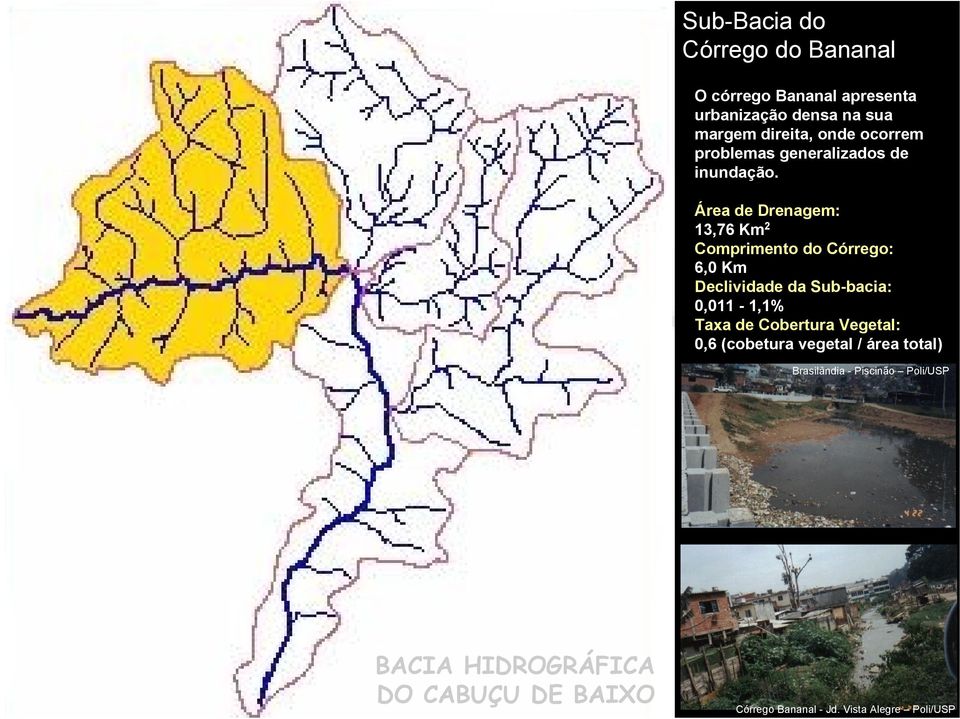 Área de Drenagem: 13,76 Km 2 Comprimento do Córrego: 6,0 Km Declividade da Sub-bacia: 0,011-1,1%