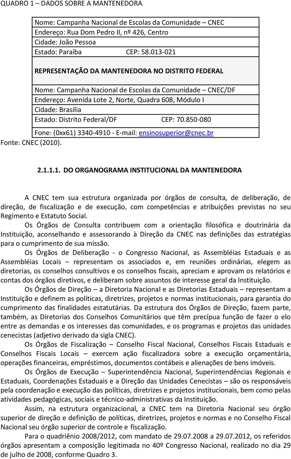 Distrito Federal/DF CEP: 70.850-080 Fone: (0xx61)