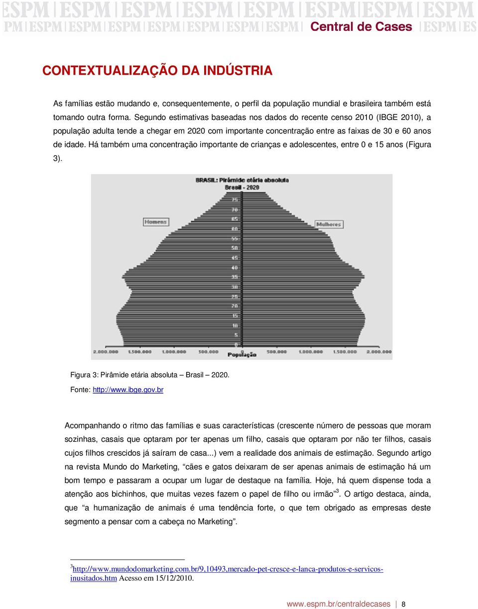 Há também uma concentração importante de crianças e adolescentes, entre 0 e 15 anos (Figura 3). Figura 3: Pirâmide etária absoluta Brasil 2020. Fonte: http://www.ibge.gov.