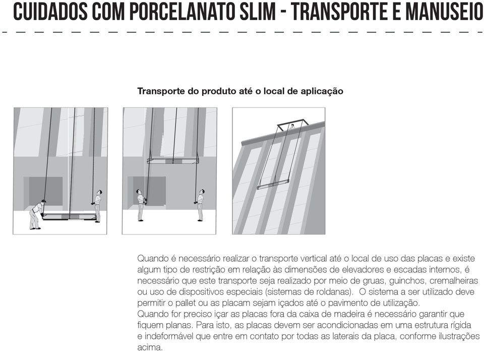 (sistemas de roldanas). O sistema a ser utilizado deve permitir o pallet ou as placam sejam içados até o pavimento de utilização.