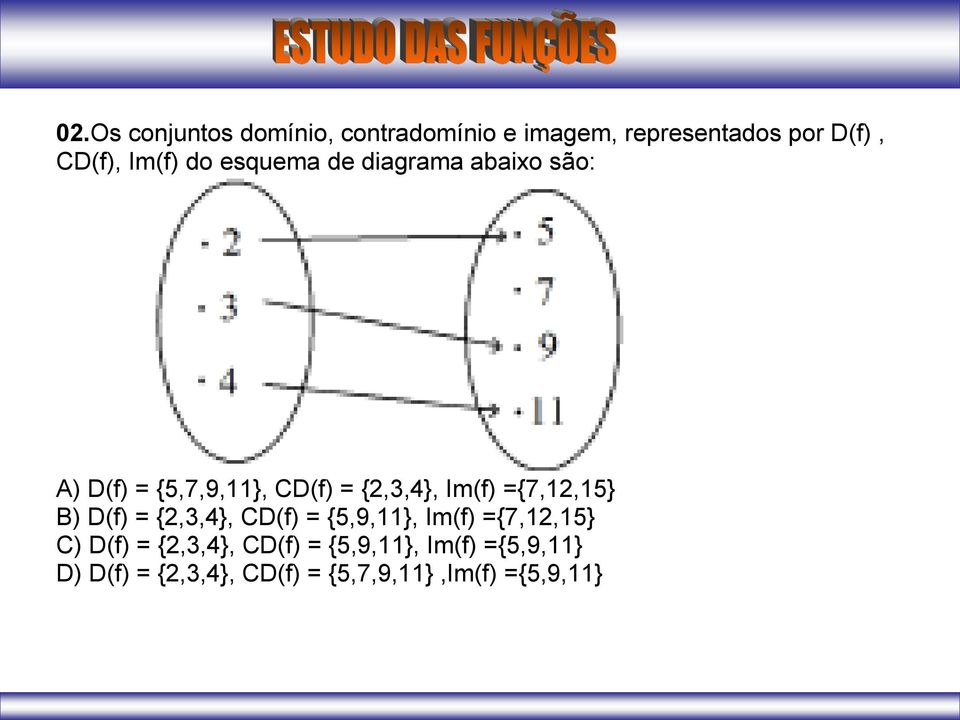 Im(f) ={7,12,15} B) D(f) = {2,3,4}, CD(f) = {5,9,11}, Im(f) ={7,12,15} C) D(f) =