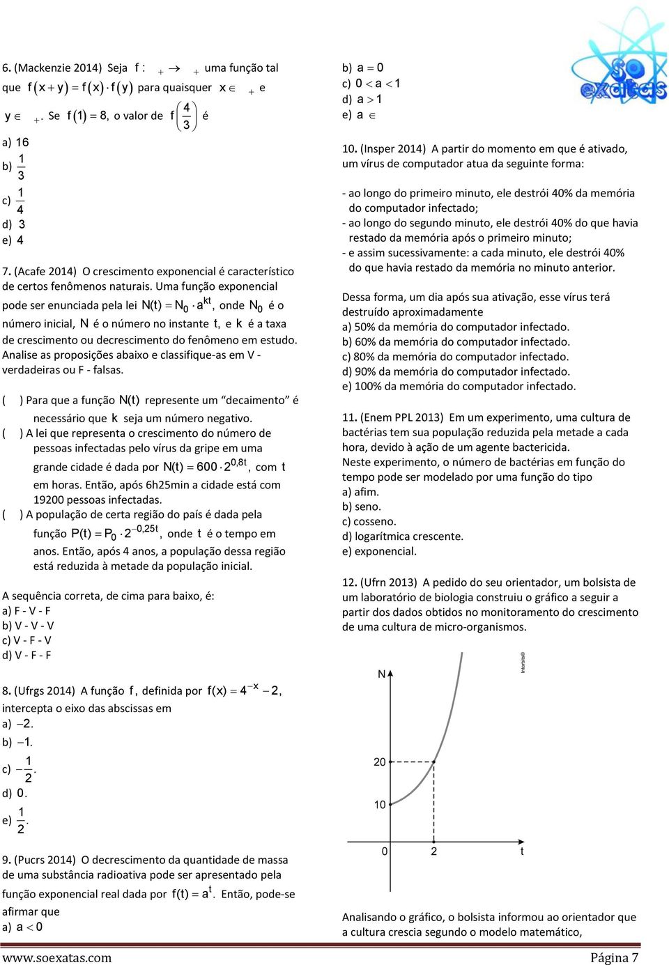 Uma função exponencial kt pode ser enunciada pela lei N(t) = N0 a, onde N 0 é o número inicial, N é o número no instante t, e k é a taxa de crescimento ou decrescimento do fenômeno em estudo.