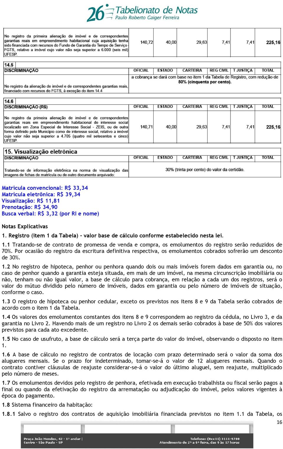 Por ocasião do registro da escritura definitiva respectiva, os emolumentos cobrados sofrerão um desconto de 30%. 1.