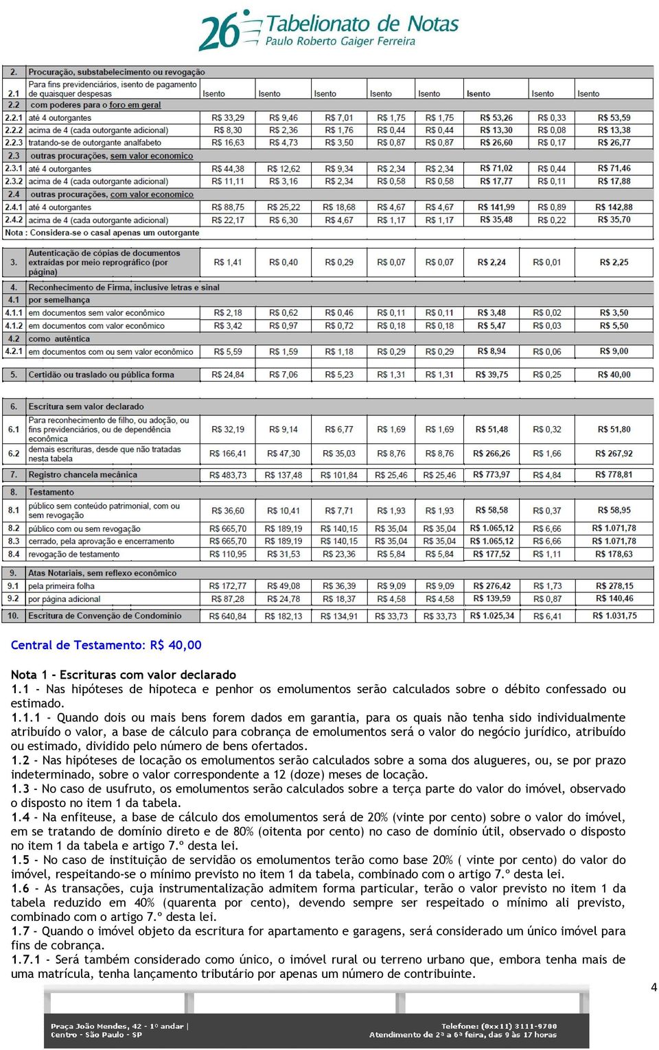 1 - Nas hipóteses de hipoteca e penhor os emolumentos serão calculados sobre o débito confessado ou estimado. 1.1.1 - Quando dois ou mais bens forem dados em garantia, para os quais não tenha sido