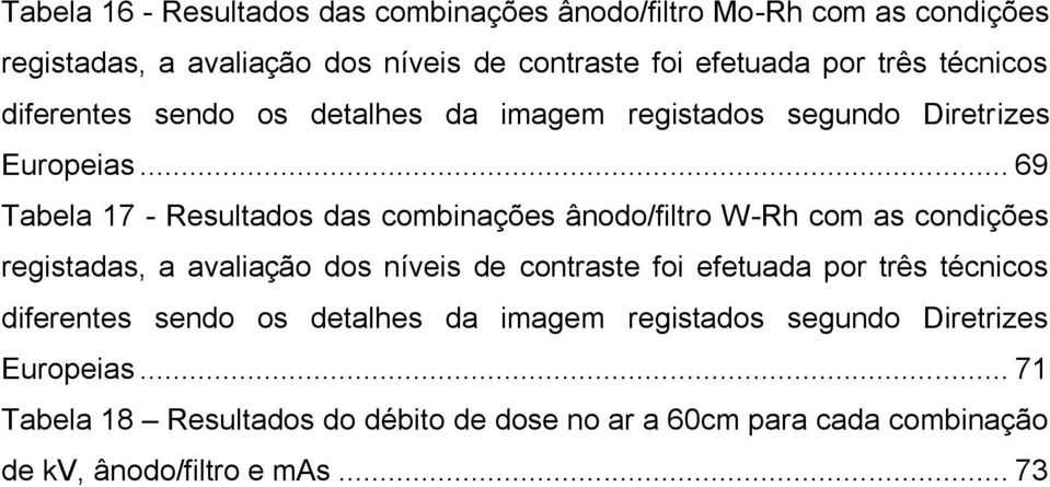 .. 69 Tabela 17 - Resultados das combinações ânodo/filtro W-Rh com as condições registadas, a avaliação dos níveis de contraste foi efetuada por