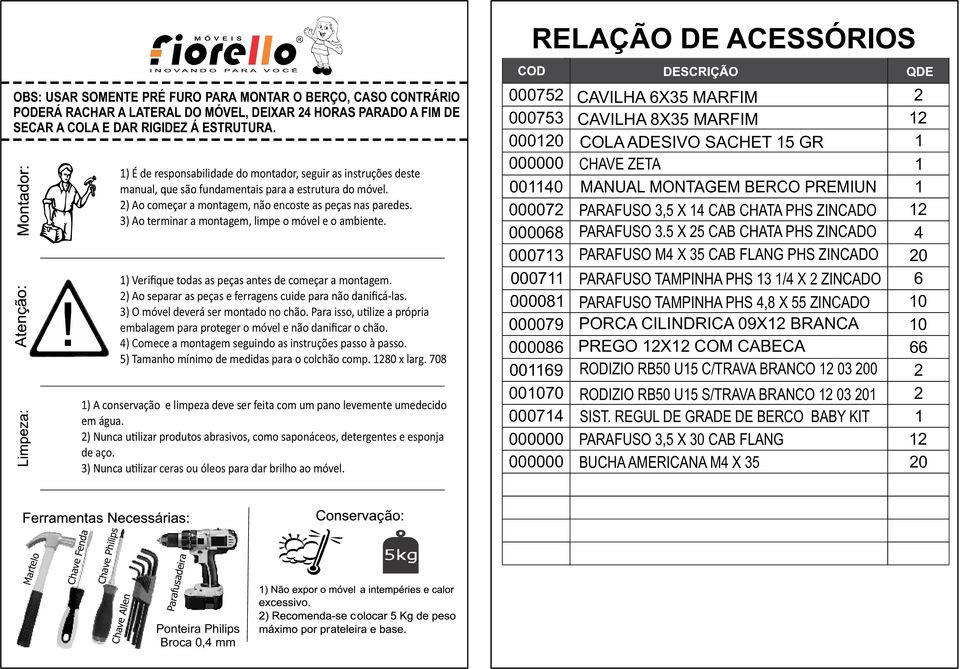 3) Ao terminar a montagem, limpe o móvel e o ambiente. 1) Verifique todas as peças antes de começar a montagem. 2) Ao separar as peças e ferragens cuide para não danificá-las.