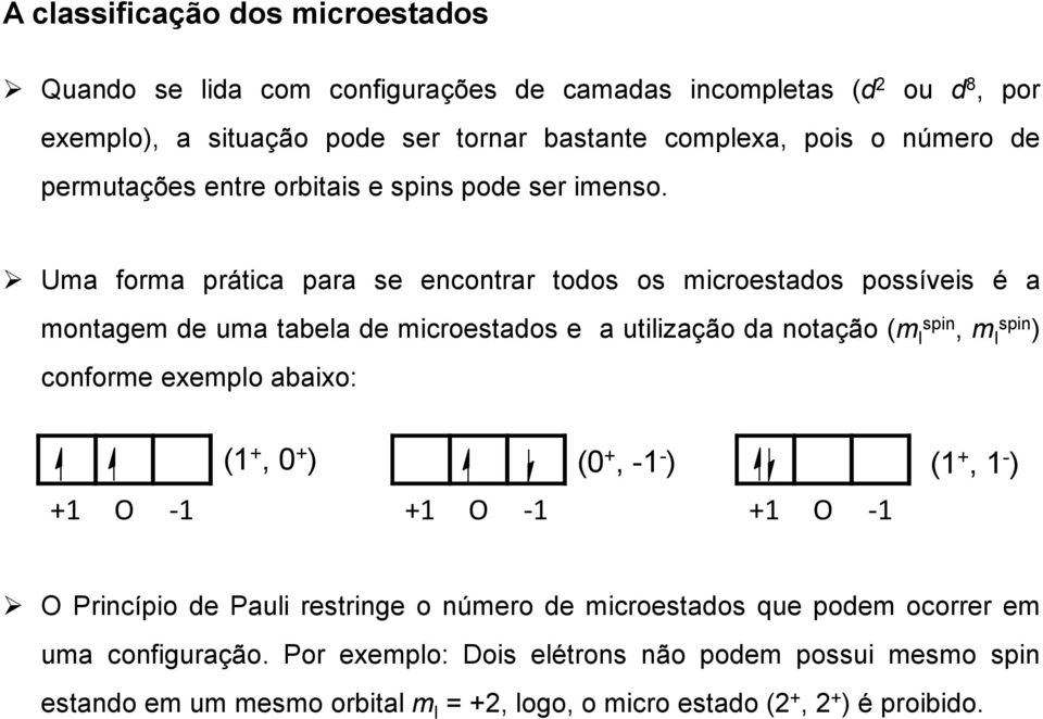 Uma forma prática para se encontrar todos os microestados possíveis é a montagem de uma tabela de microestados e a utilização da notação (m l spin, m l spin ) conforme exemplo