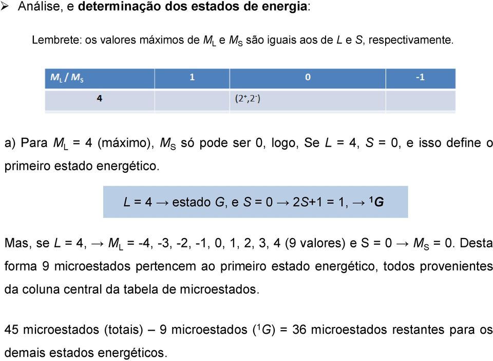 L = 4 estado G, e S = 0 2S+1 = 1, 1 G Mas, se L = 4, M L = -4, -3, -2, -1, 0, 1, 2, 3, 4 (9 valores) e S = 0 M S = 0.