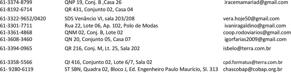 com 61-3608-3460 QN 20, Conjunto 05, Casa 07 igorfarias2009@gmail.com 61-3394-0965 QR 216, Conj. M, Lt. 25, Sala 202 isbelo@terra.com.br 61-3358-5566 QI 416, Conjunto 02, Lote 6/7, Sala 02 cpd.