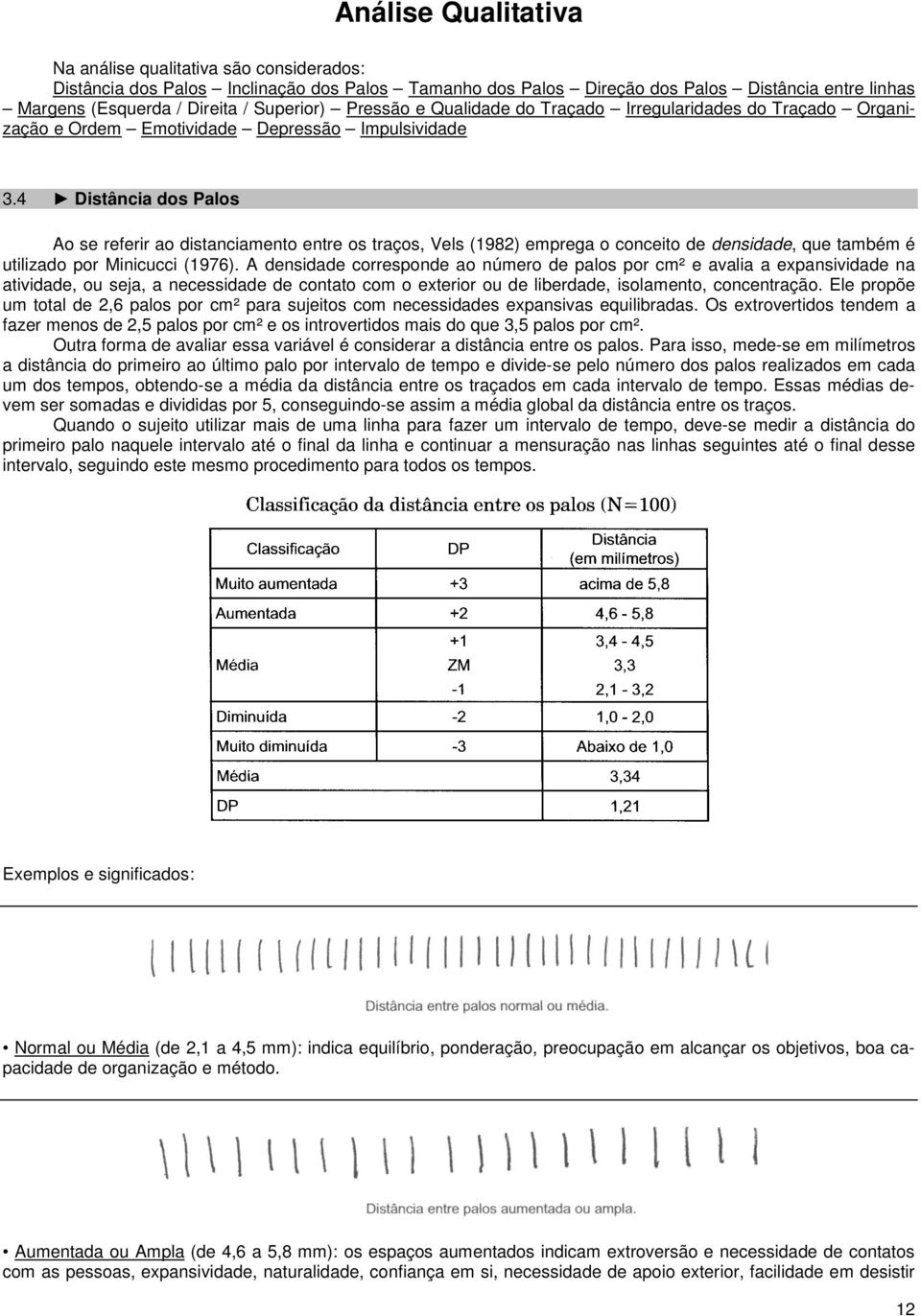 4 Distância dos Palos Ao se referir ao distanciamento entre os traços, Vels (1982) emprega o conceito de densidade, que também é utilizado por Minicucci (1976).