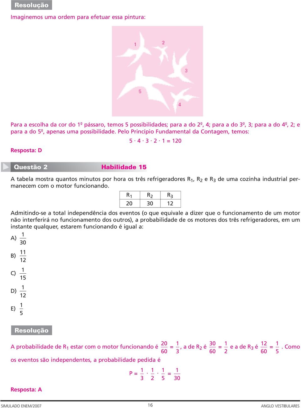 Pelo Princípio Fundamental da Contagem, temos: 5 4 3 2 1 = 120 Resposta: D Questão 2 Habilidade 15 A tabela mostra quantos minutos por hora os três refrigeradores R 1, R 2 e R 3 de uma cozinha