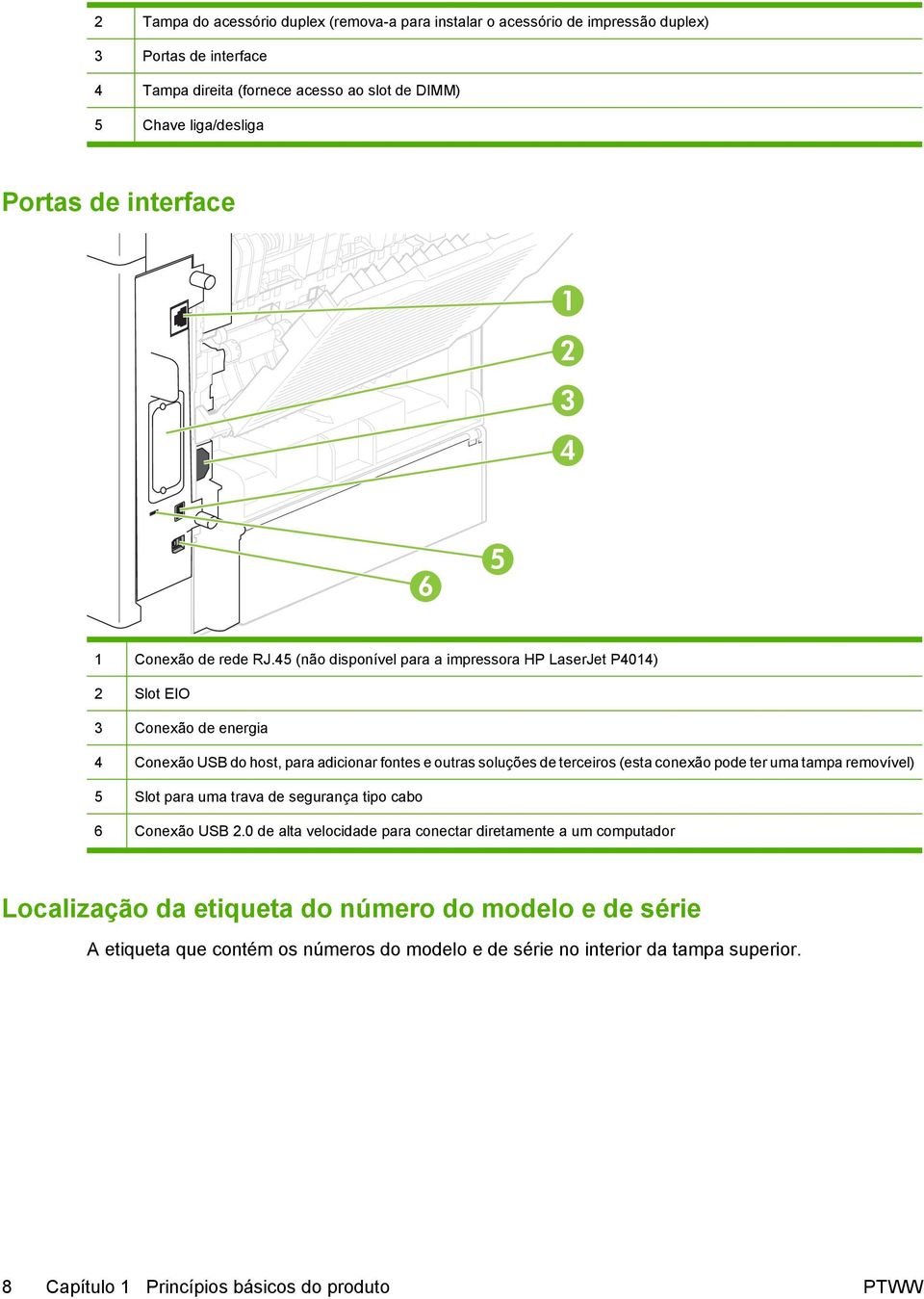 45 (não disponível para a impressora HP LaserJet P4014) 2 Slot EIO 3 Conexão de energia 4 Conexão USB do host, para adicionar fontes e outras soluções de terceiros (esta conexão pode ter